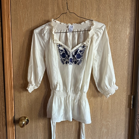 Vintage Tops - Vintage Eduardo Blanco 100% Silk Embroidered Boho Blouse Sheer Smocked size S